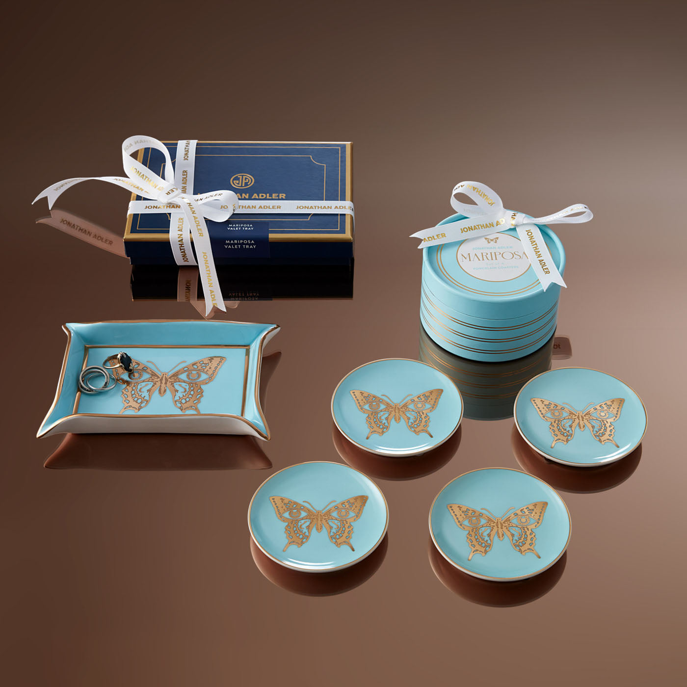 Jonathan Adler Mariposa Coasters - Set of 4 - Blue/Gold - 33165