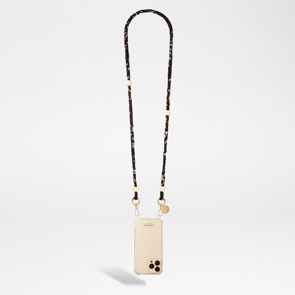 שרשרת לטלפון DELLA 120cm black bandana jewel chain with white wooden beads and golden carabiners