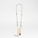 שרשרת לטלפון ELIA 120cm green flowers with green wooden beads and golden carabiners