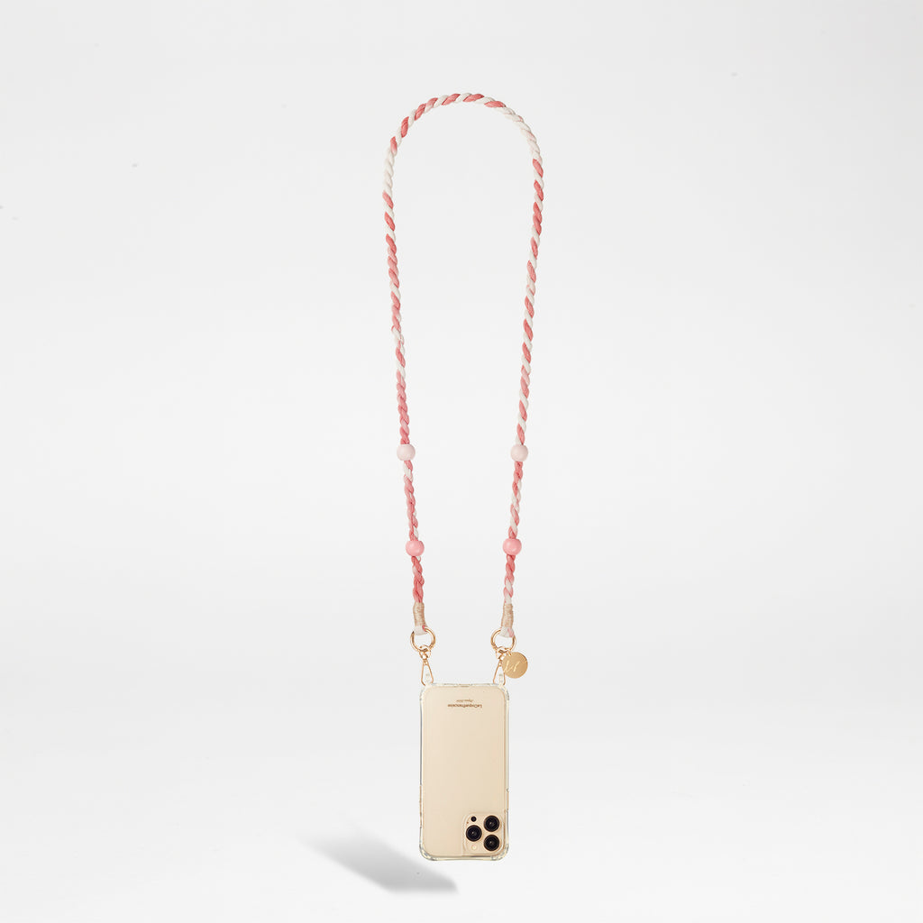 שרשרת לטלפון EDEN 120cm tie and dye red with white wooden beads and golden carabiners